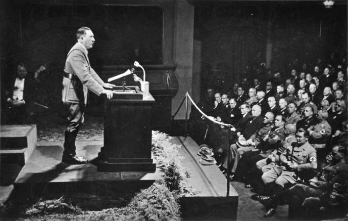 Adolf Hitler gives a speech at the Reichsparteitag cultural conference in Nuremberg's City Hall